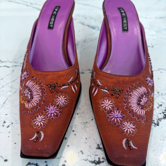 Vintage Nine West Fabrice Mules Orange fabric with embroidery Size 10 - Picture 2 of 6